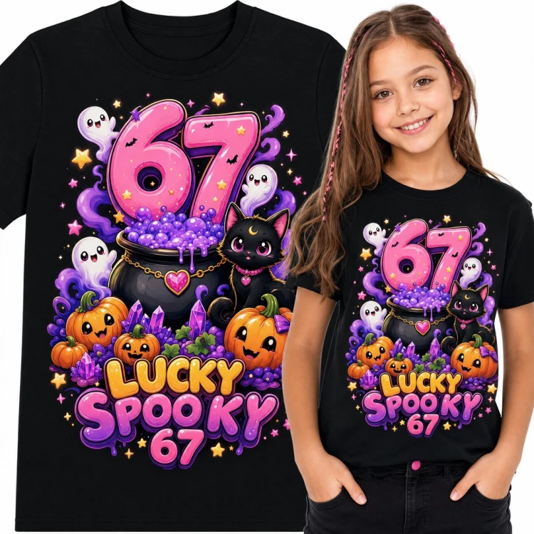 Koszulka dziewczęca „Lucky Spooky 67” - halloweenowy mem z czarnym kotem i kociołkiem