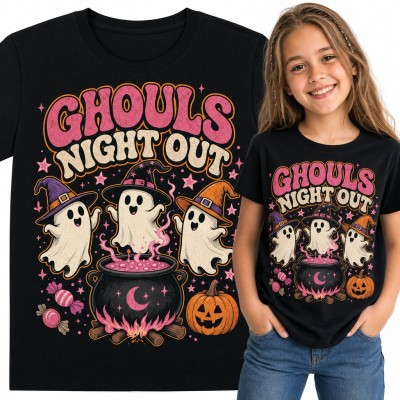 Koszulka dziewczęca „Ghouls night out” - duszki czarownice przy kociołku na Halloween