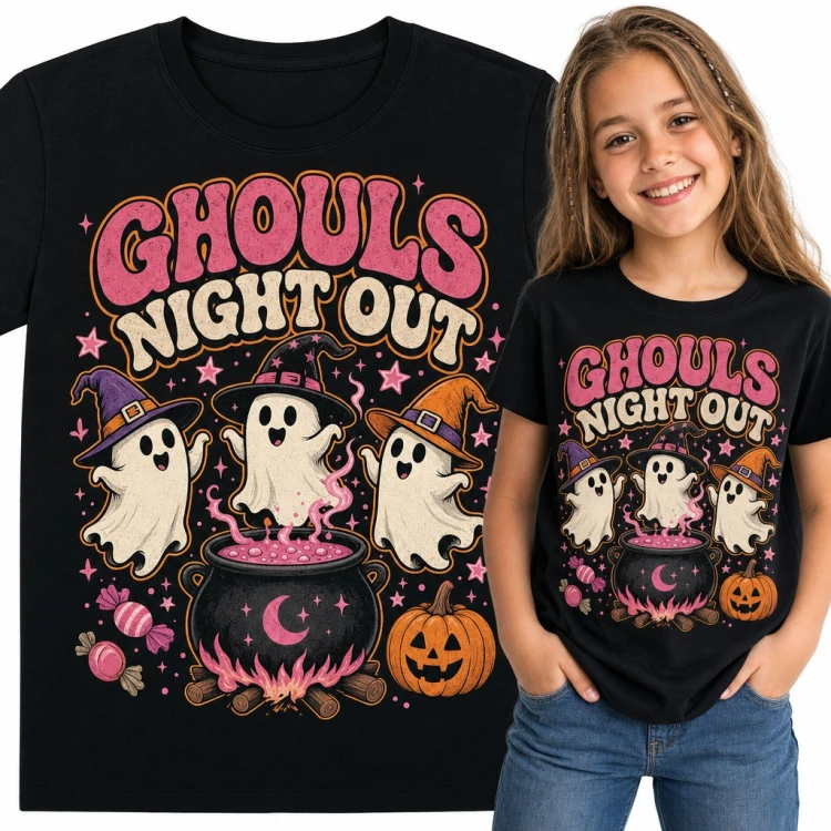 Koszulka dziewczęca „Ghouls night out” - duszki czarownice przy kociołku na Halloween