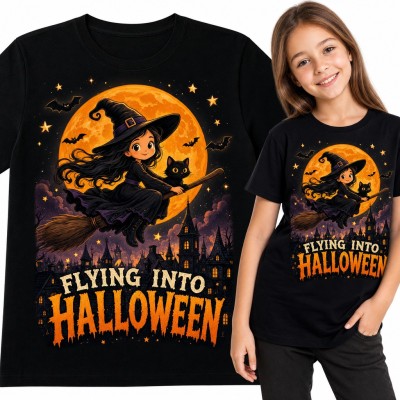 Koszulka dziewczęca „Flying into Halloween” - mała czarownica na miotle z czarnym kotem