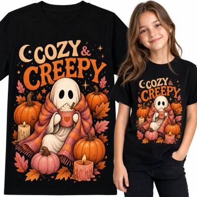 Koszulka dziewczęca „Cozy & Creepy” - duszek w kocu z kakao wśród dyń