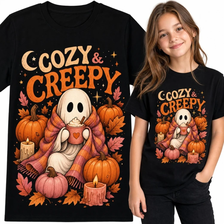 Koszulka dziewczęca „Cozy & Creepy” - duszek w kocu z kakao wśród dyń