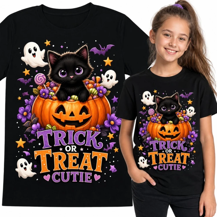 Koszulka dziewczęca „Trick or treat cutie” - czarny kotek w dyni na Halloween