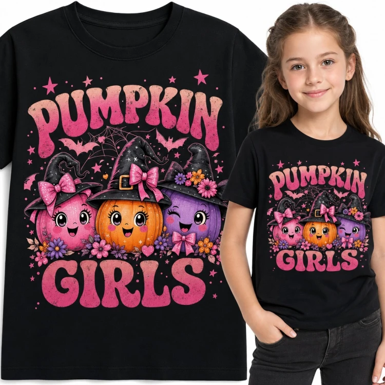 Koszulka dziewczęca „Pumpkin Girls” - trzy dynie w kapeluszach czarownic na Halloween