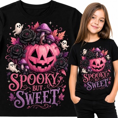 Koszulka dziewczęca „Spooky but sweet” - różowa dynia z duszkami na Halloween