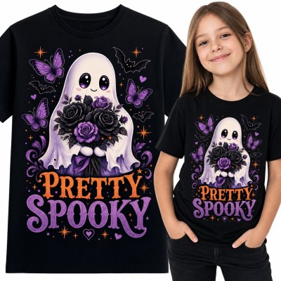 Koszulka dziewczęca „Pretty spooky” - duszek z bukietem róż na Halloween