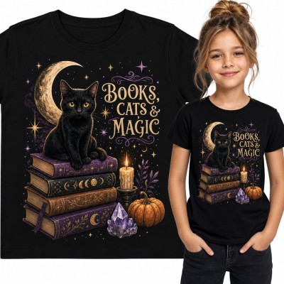 Koszulka dziewczęca „Books, Cats & Magic” - czarny kot na magicznych książkach