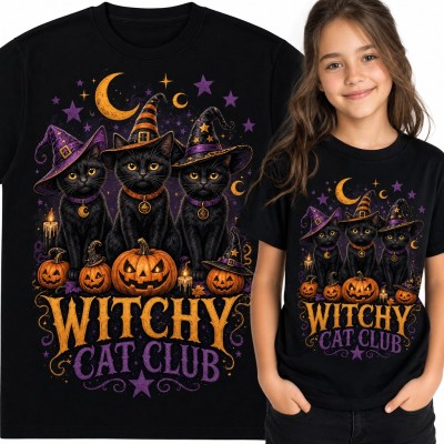 Koszulka dziewczęca „Witchy Cat Club” - trzy czarne koty w kapeluszach czarownic na Halloween