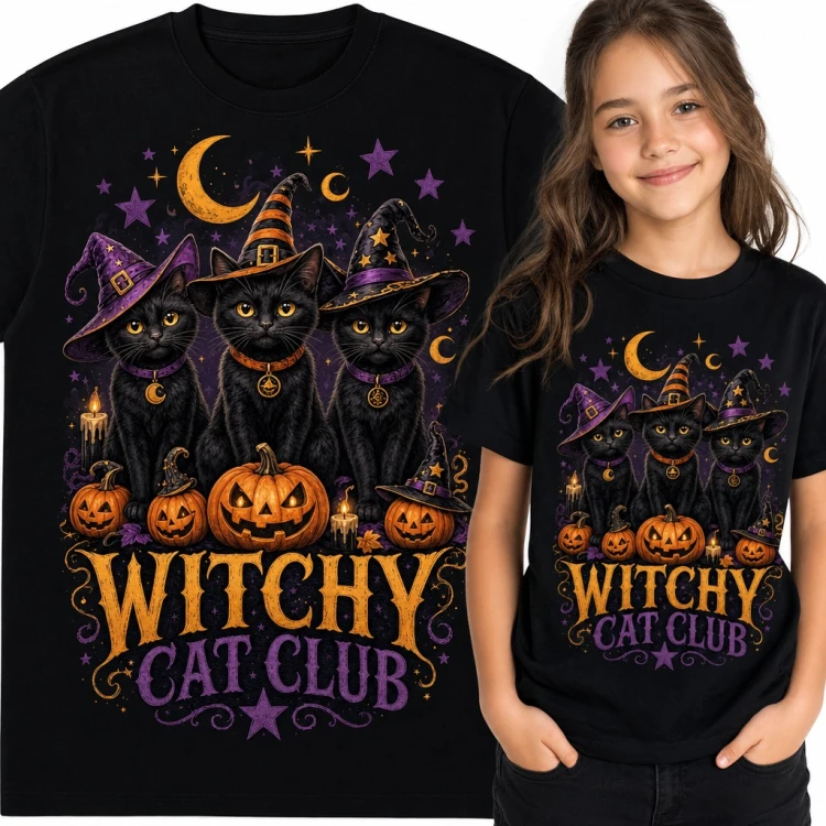 Koszulka dziewczęca „Witchy Cat Club” - trzy czarne koty w kapeluszach czarownic na Halloween