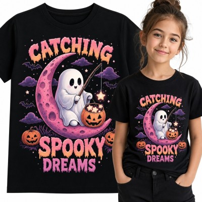 Koszulka dziewczęca „Catching Spooky Dreams” - duszek z wędką na różowym księżycu