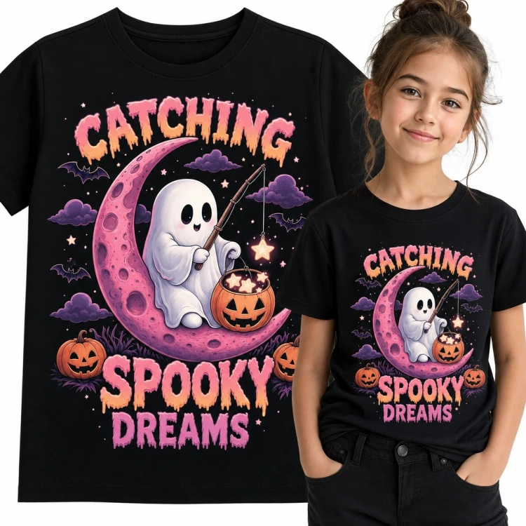 Koszulka dziewczęca „Catching Spooky Dreams” - duszek z wędką na różowym księżycu