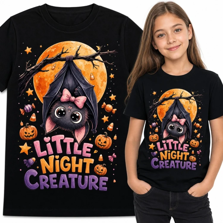 Koszulka dziewczęca z nietoperzem z kokardką i księżycem - „Little Night Creature”
