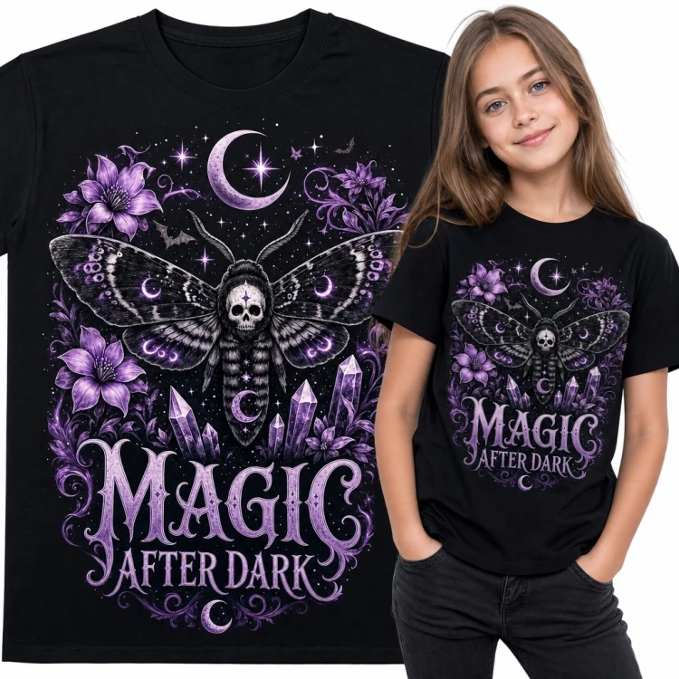 Koszulka dziewczęca „Magic after dark” - gotycka ćma z czaszką i kryształami