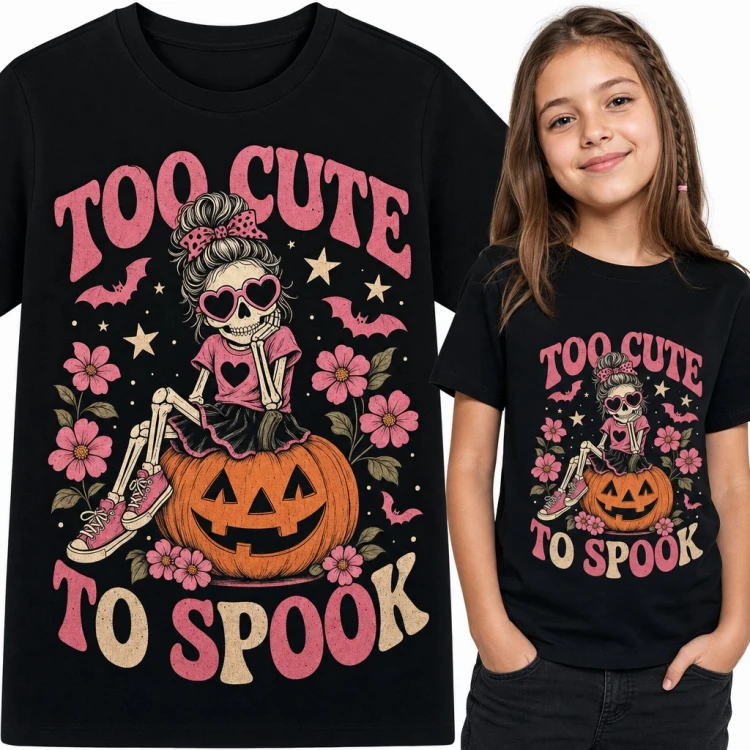 Koszulka dziewczęca na Halloween „Too cute to spook” - szkielecik na dyni