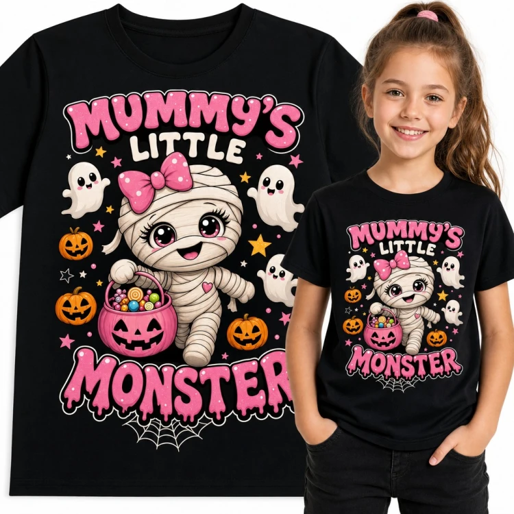 Koszulka dziewczęca halloweenowa „Mummy's little monster” - urocza mumia z różową kokardą