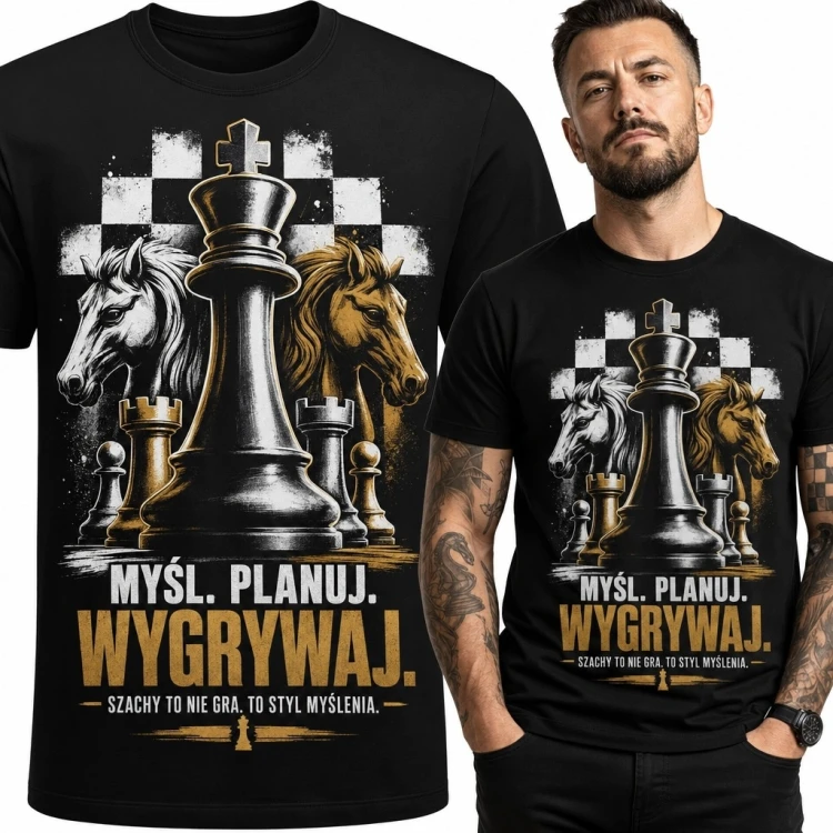 Koszulka męska szachowa z królem - „Myśl. Planuj. Wygrywaj”