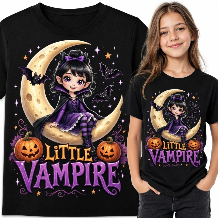 Koszulka dziewczęca „Little Vampire” - mała wampirzyca na księżycu z dyniami na Halloween