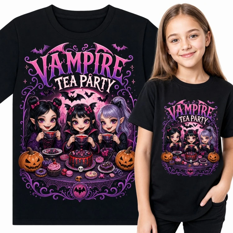 Koszulka dziewczęca z wampirkami na herbatce „Vampire Tea Party” - halloweenowe przyjęcie