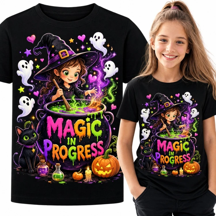 Koszulka dziewczęca z czarownicą przy kociołku „Magic in progress” - Halloween