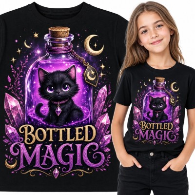 Koszulka dziewczęca „Bottled magic” - czarny kotek w butelce z kryształami