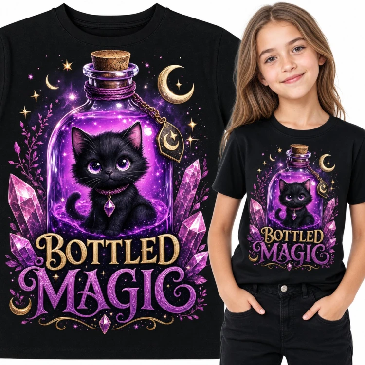 Koszulka dziewczęca „Bottled magic” - czarny kotek w butelce z kryształami