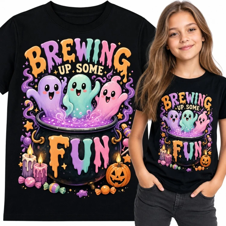 Koszulka dziewczęca „Brewing up some fun” - pastelowe duszki w kociołku na Halloween