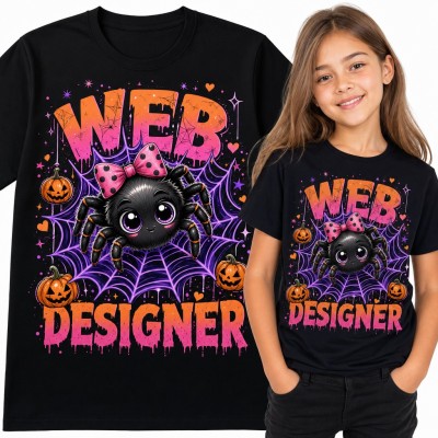 Koszulka dziewczęca z pająkiem na pajęczynie „Web Designer” - słodkie Halloween z dyniami