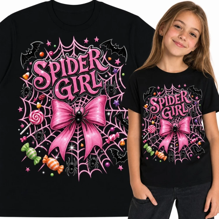 Koszulka dziewczęca „Spider Girl” - różowa kokarda i pajęczyna na Halloween