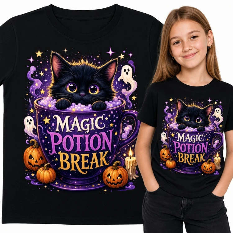 Koszulka dziewczęca z czarnym kotkiem w filiżance eliksiru „Magic Potion Break” - Halloween