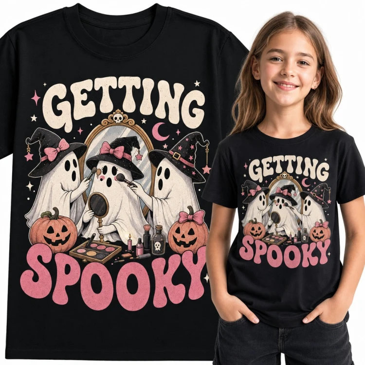 Koszulka dziewczęca „Getting Spooky” - duszki czarownice przy makijażu na Halloween
