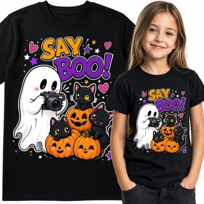 Koszulka dziewczęca „Say Boo!” - duszek z aparatem, czarne kotki i dynie