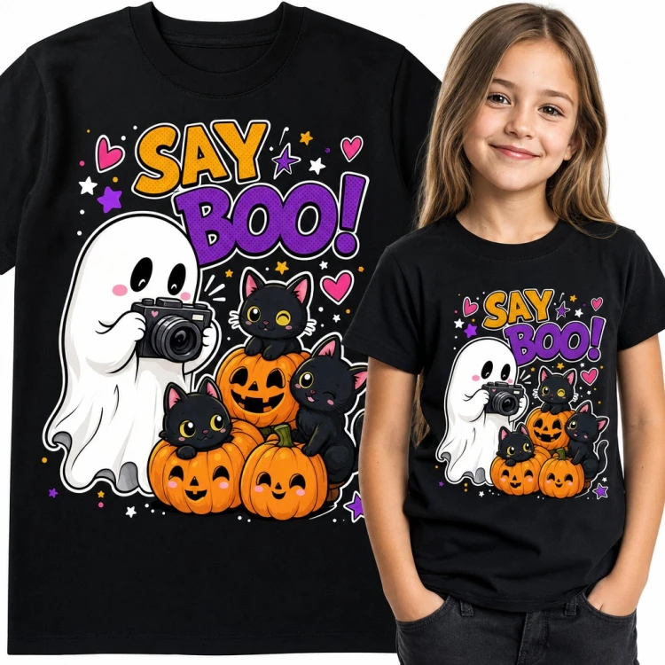 Koszulka dziewczęca „Say Boo!” - duszek z aparatem, czarne kotki i dynie