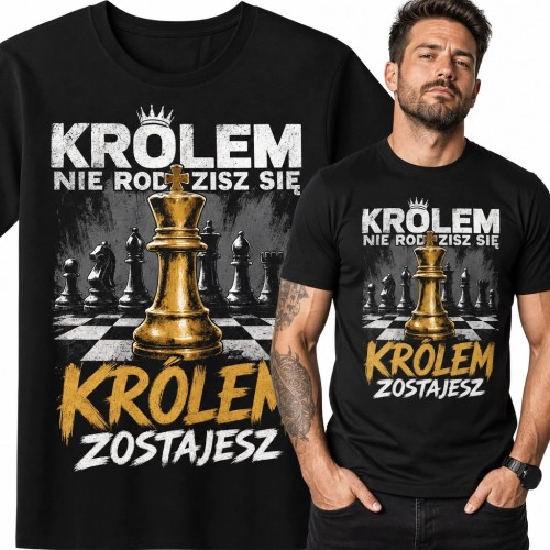 Koszulka męska dla szachisty „Królem nie rodzisz się, królem zostajesz” - złoty król szachowy