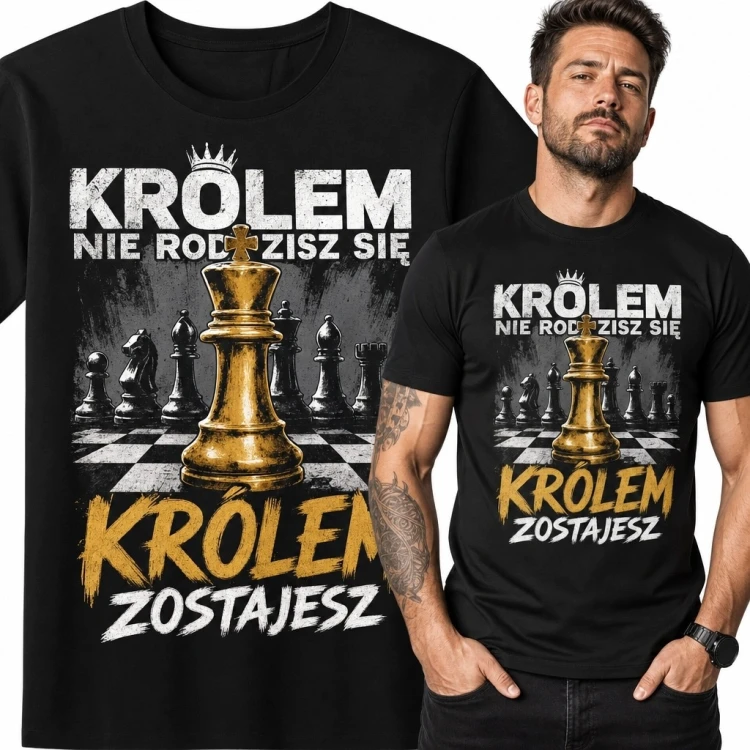 Koszulka męska dla szachisty „Królem nie rodzisz się, królem zostajesz” - złoty król szachowy