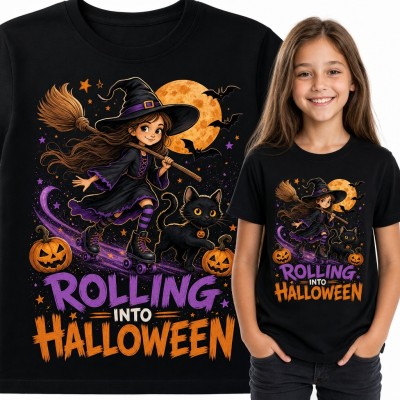 Koszulka dziewczęca „Rolling into Halloween” - czarownica na wrotkach z czarnym kotem