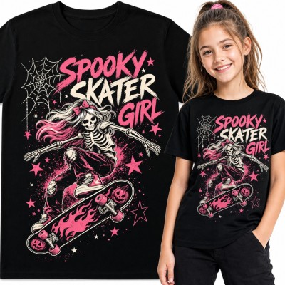 Koszulka dziewczęca „Spooky skater girl” - szkielet na deskorolce z dyniami