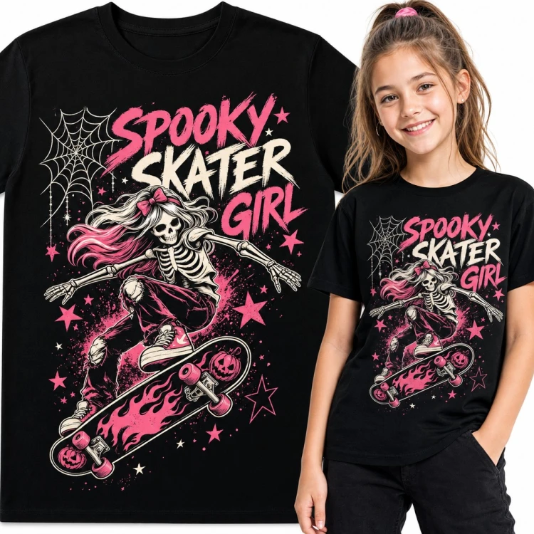 Koszulka dziewczęca „Spooky skater girl” - szkielet na deskorolce z dyniami
