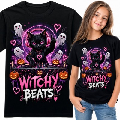 Koszulka dziewczęca „Witchy Beats” - czarny kot DJ na Halloween