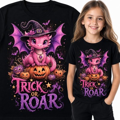 Koszulka dziewczęca z różowym smokiem w kapeluszu czarownicy na dyniach „Trick or Roar” na Halloween
