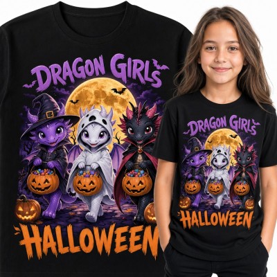Koszulka dziewczęca „Dragon Girls Halloween” - smoczki w przebraniach z dyniami