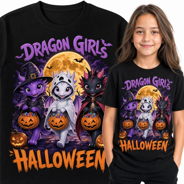 Koszulka dziewczęca „Dragon Girls Halloween” - smoczki w przebraniach z dyniami