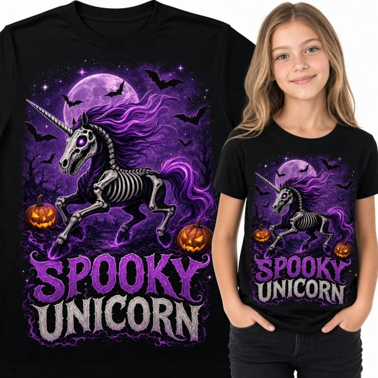 Koszulka dziewczęca „Spooky Unicorn” - szkielet jednorożca na Halloween