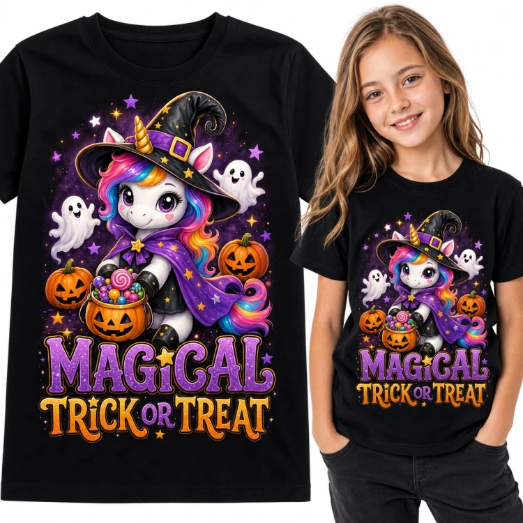 Koszulka dziewczęca „Magical trick or treat” - jednorożec czarownica na Halloween