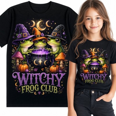 Koszulka dziewczęca „Witchy Frog Club” - żaby czarownice przy kociołku