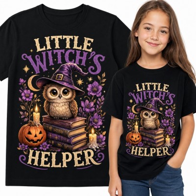 Koszulka dziewczęca „Little Witch's Helper” - sowa w kapeluszu czarownicy na Halloween