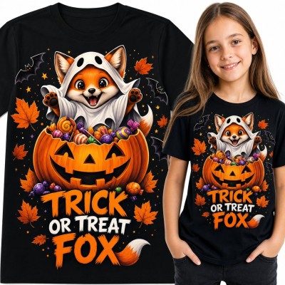 Koszulka dziewczęca Halloween „Trick or treat fox” - lisek duszek w dyni z cukierkami