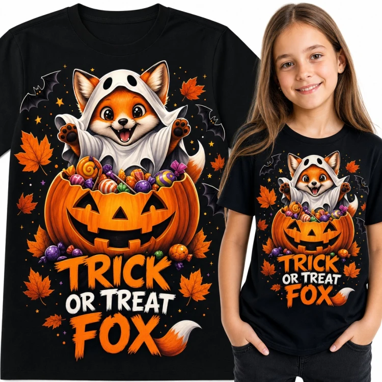 Koszulka dziewczęca Halloween „Trick or treat fox” - lisek duszek w dyni z cukierkami