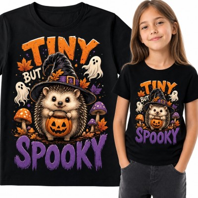 Koszulka dziewczęca jeżyk czarownica z dynią na Halloween - „Tiny but spooky”
