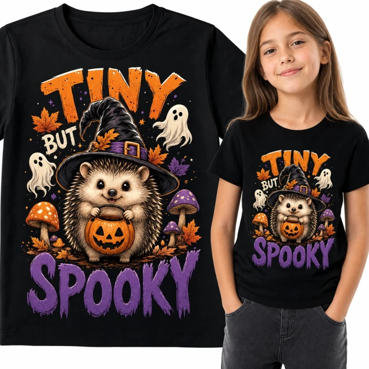 Koszulka dziewczęca jeżyk czarownica z dynią na Halloween - „Tiny but spooky”