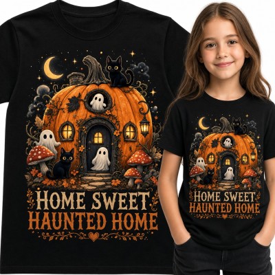 Koszulka dziewczęca na Halloween „Home sweet haunted home” - domek w dyni z duszkami i kotami